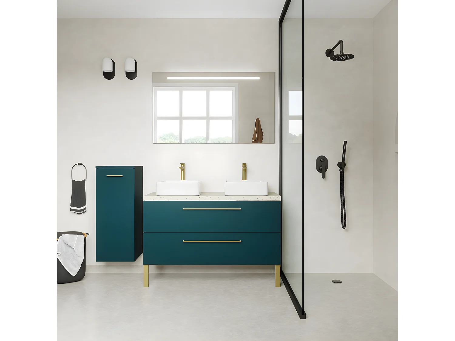 Meuble de salle de bain suspendu 2 vasques à poser 120cm 2 tiroirs Bleu + miroir + colonne ouverture gauche - Glasgow