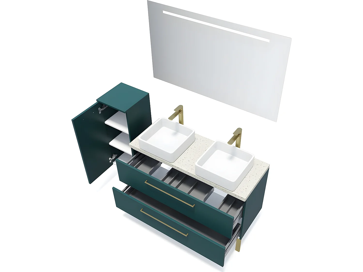 Meuble de salle de bain suspendu 2 vasques à poser 120cm 2 tiroirs Bleu + miroir + colonne ouverture gauche - Glasgow