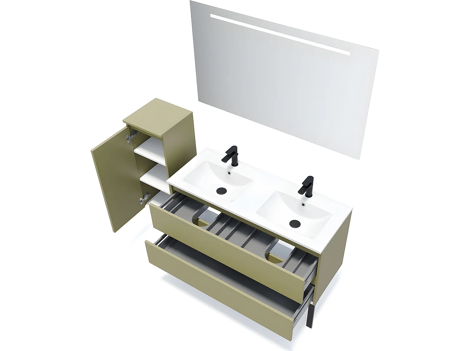 Meuble de salle de bain suspendu double vasque intégrée 120cm 2 tiroirs Vert olive + miroir + colonne ouverture gauche - Hudson