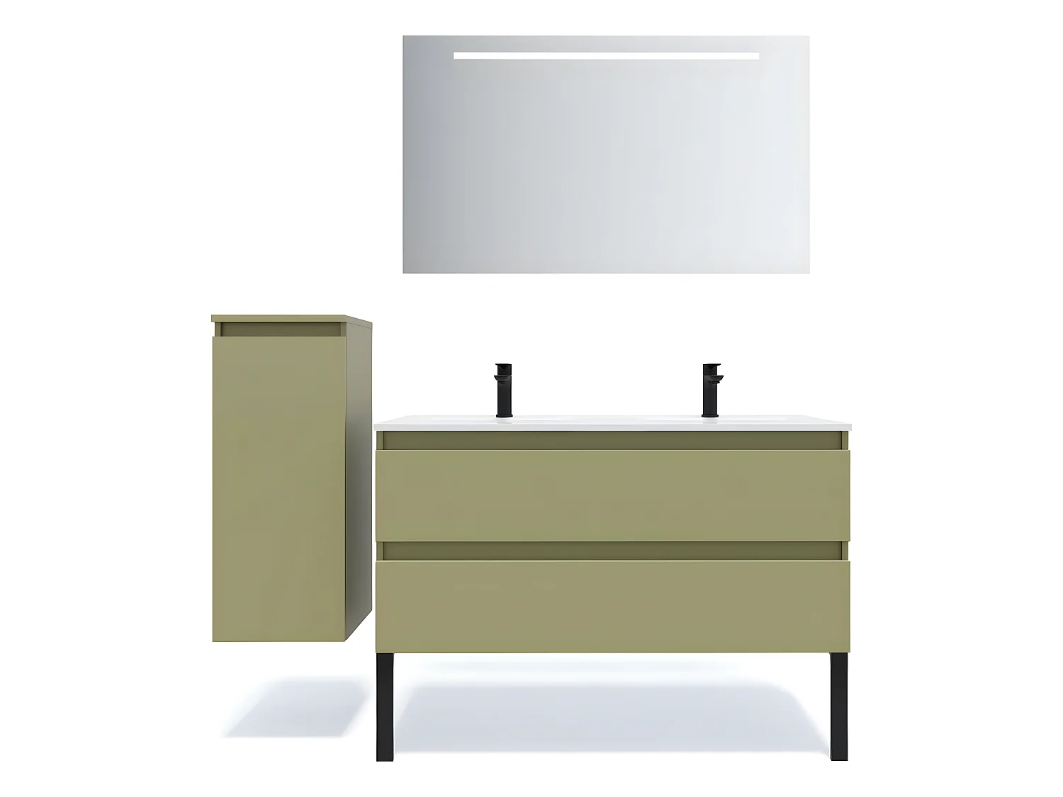 Meuble de salle de bain suspendu double vasque intégrée 120cm 2 tiroirs Vert olive + miroir + colonne ouverture gauche - Hudson