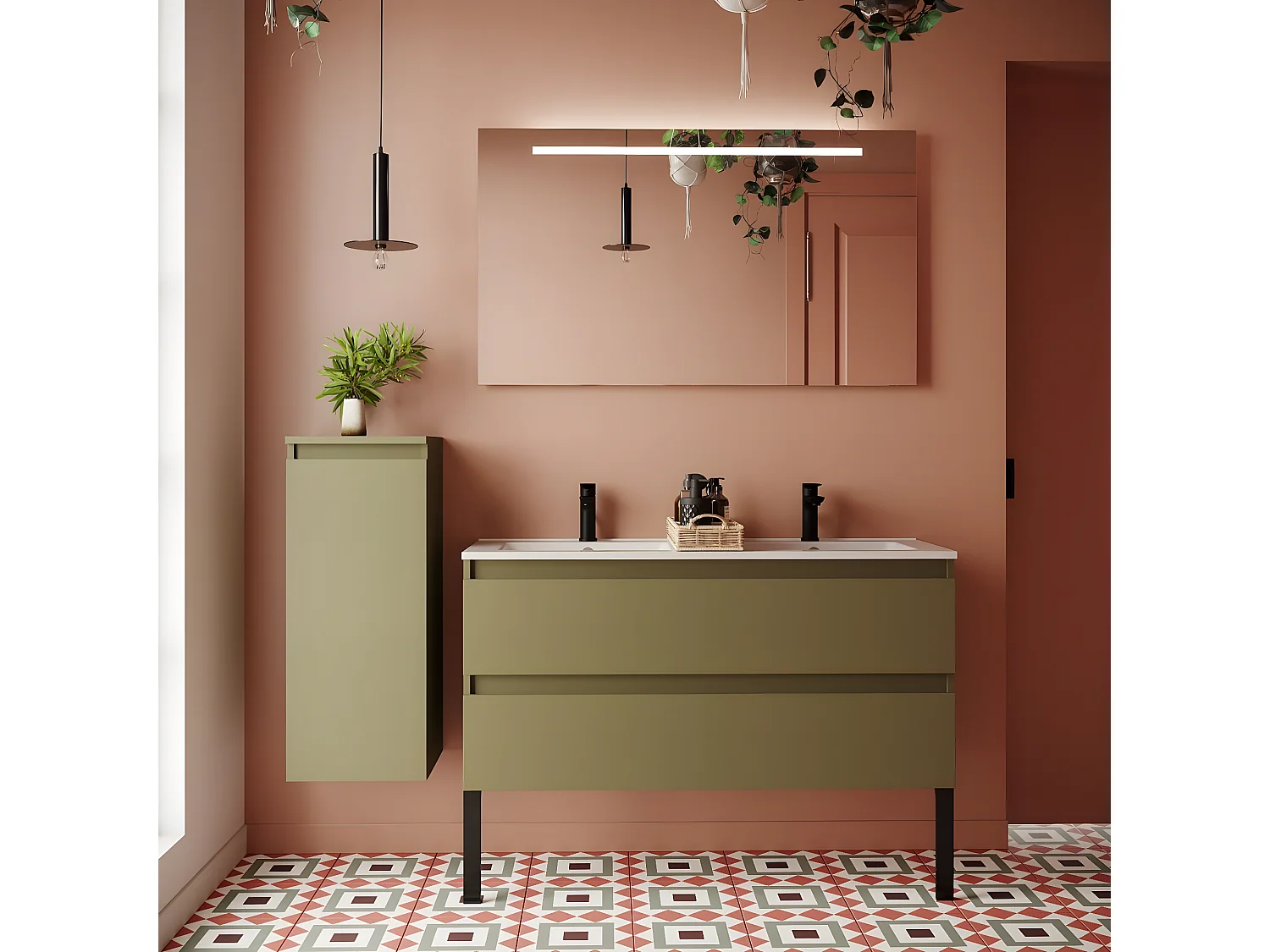Meuble de salle de bain suspendu double vasque intégrée 120cm 2 tiroirs Vert olive + miroir + colonne ouverture gauche - Hudson