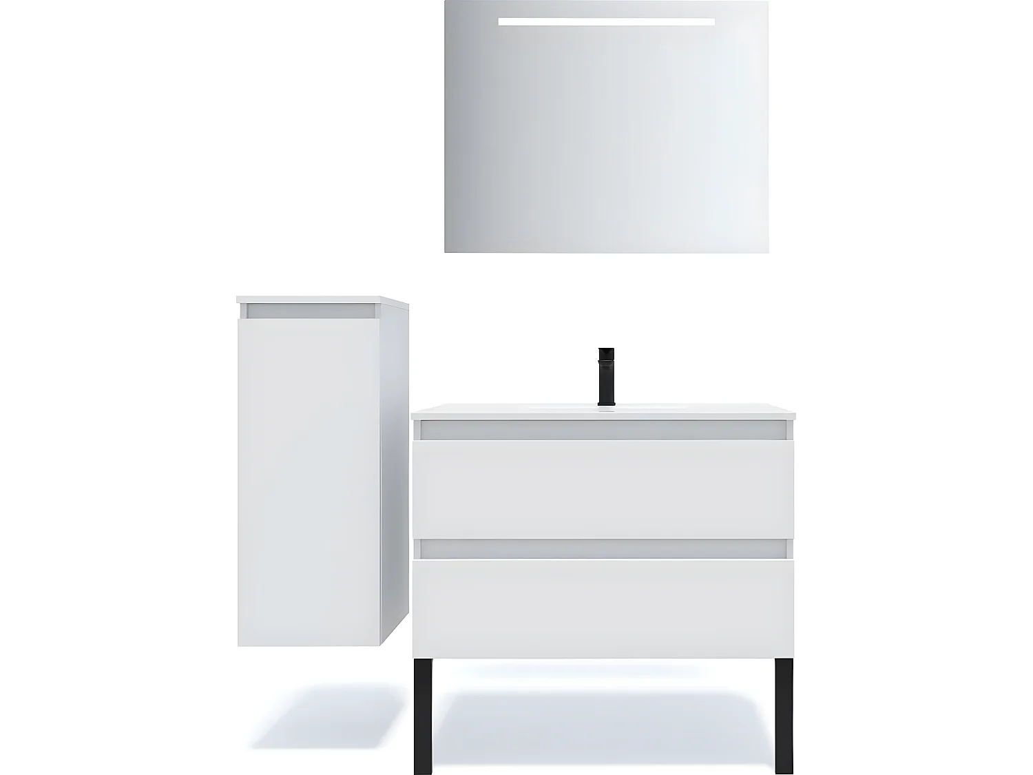 Meuble de salle de bain suspendu vasque intégrée 90cm 2 tiroirs Blanc + miroir + colonne ouverture gauche - Hudson