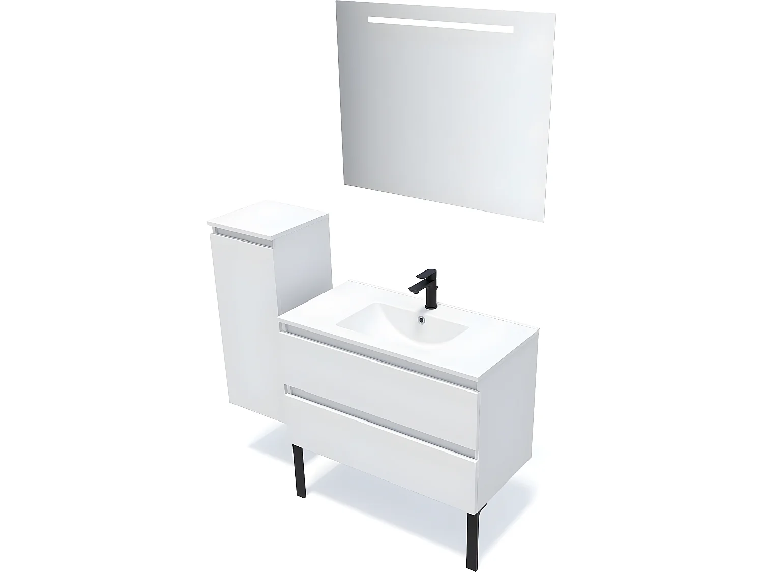 Meuble de salle de bain suspendu vasque intégrée 90cm 2 tiroirs Blanc + miroir + colonne ouverture gauche - Hudson