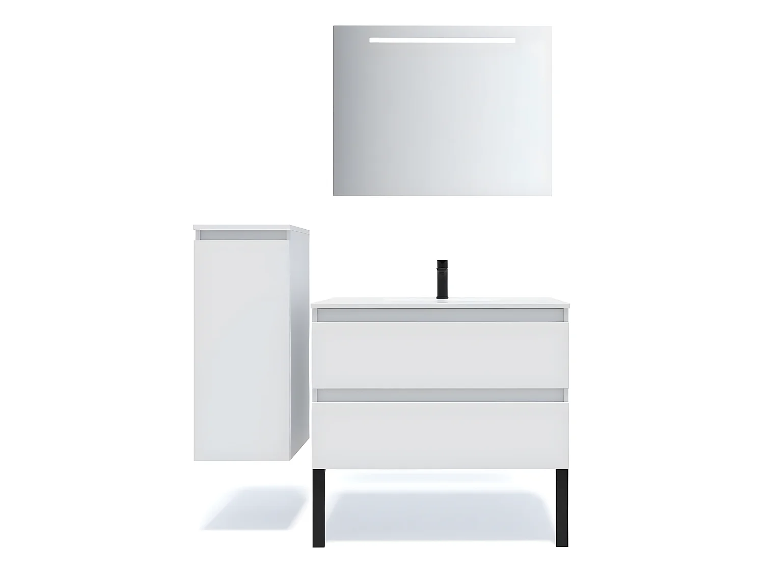 Meuble de salle de bain suspendu vasque intégrée 90cm 2 tiroirs Blanc + miroir + colonne ouverture gauche - Hudson