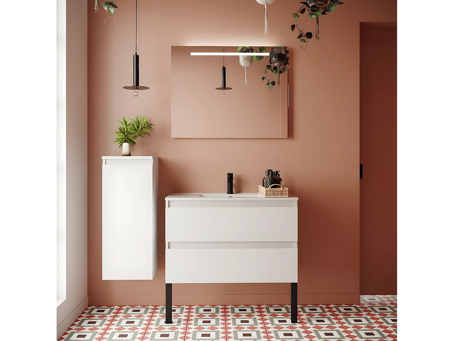 Meuble de salle de bain suspendu vasque intégrée 90cm 2 tiroirs Blanc + miroir + colonne ouverture gauche - Hudson