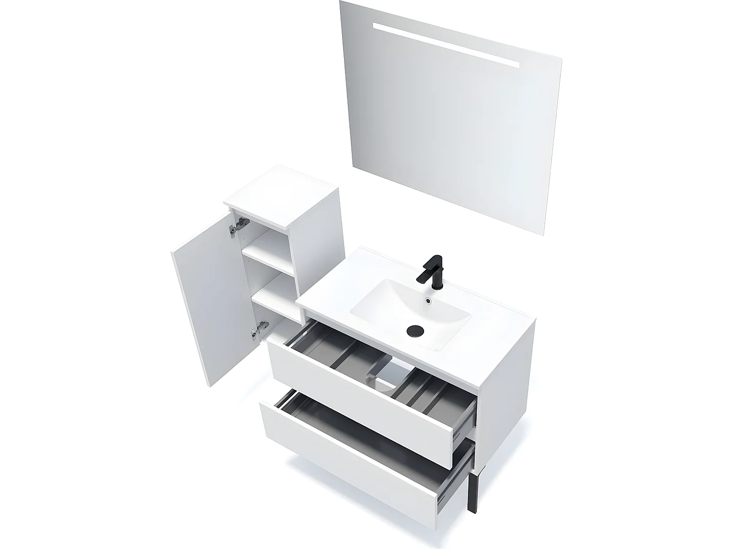 Meuble de salle de bain suspendu vasque intégrée 90cm 2 tiroirs Blanc + miroir + colonne ouverture gauche - Hudson