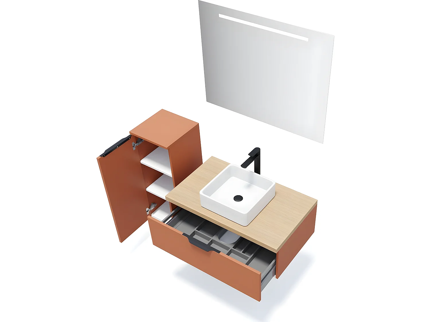 Meuble de salle de bain suspendu vasque à poser 90cm 1 tiroir Terracotta + miroir + colonne ouverture gauche - Soho
