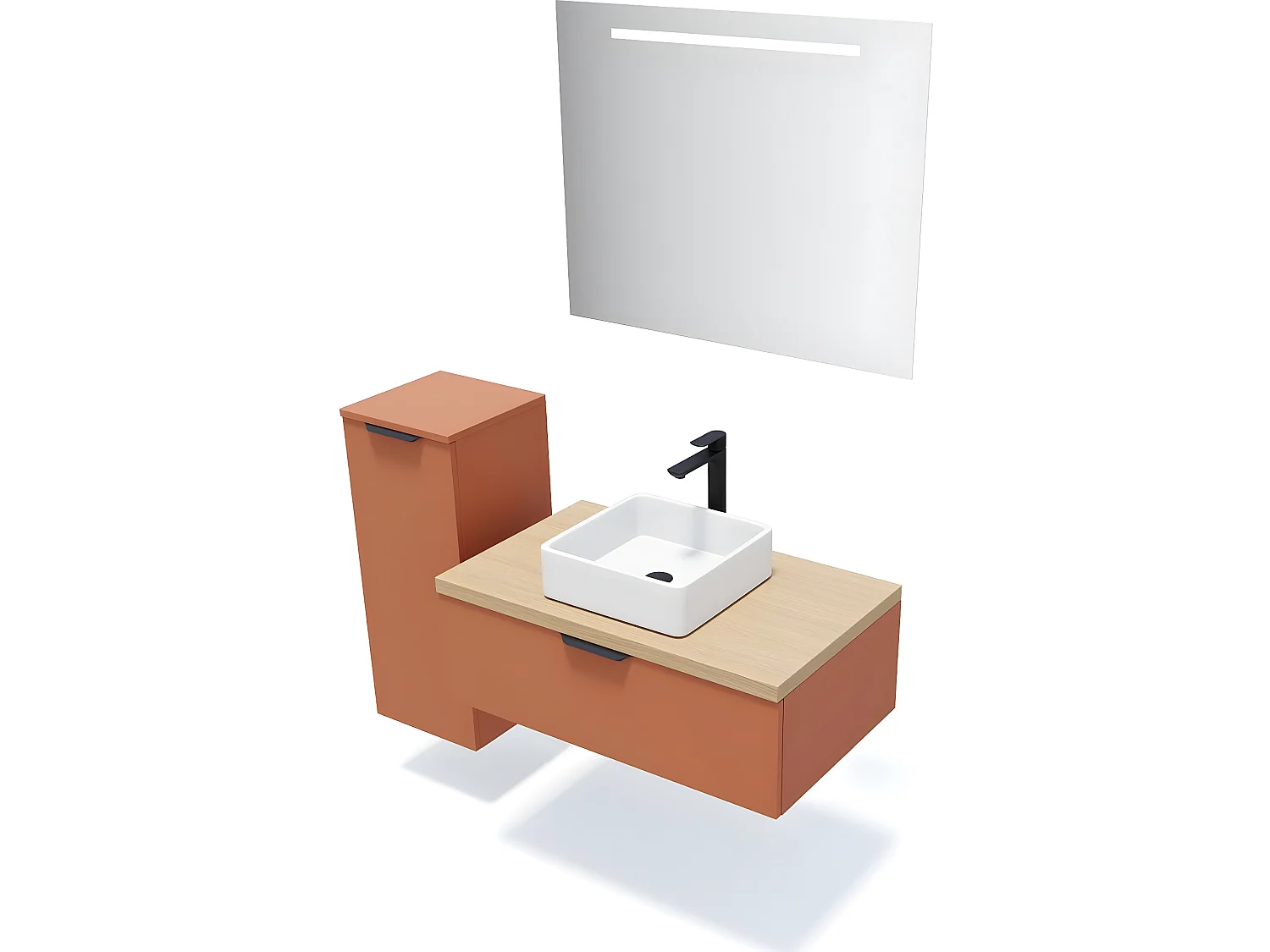 Meuble de salle de bain suspendu vasque à poser 90cm 1 tiroir Terracotta + miroir + colonne ouverture gauche - Soho