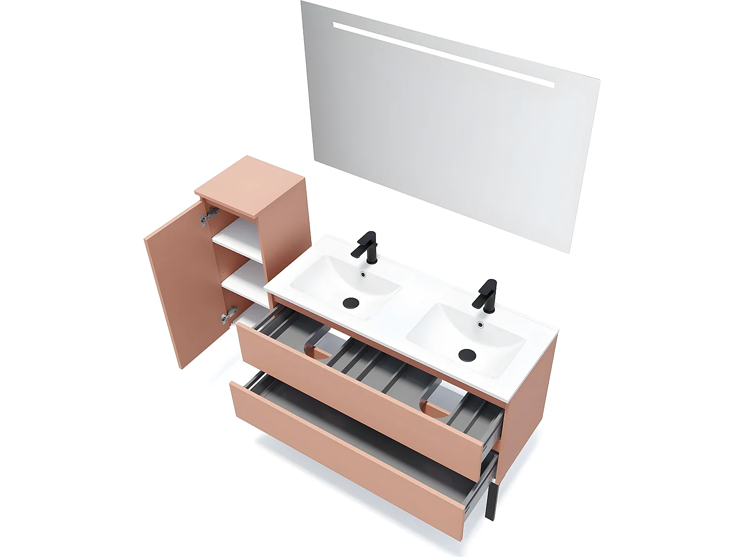 Meuble de salle de bain suspendu double vasque intégrée 120cm 2 tiroirs Abricot + miroir + colonne ouverture gauche - Hudson