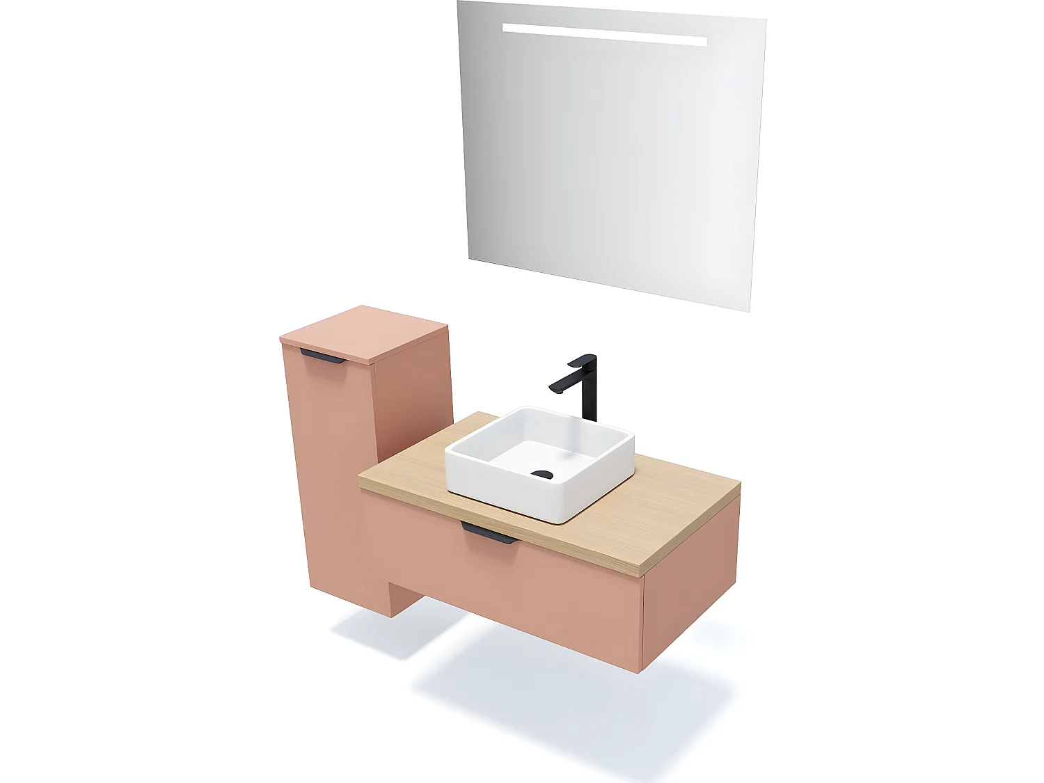 Meuble de salle de bain suspendu vasque à poser 90cm 1 tiroir Abricot + miroir + colonne ouverture gauche - Soho