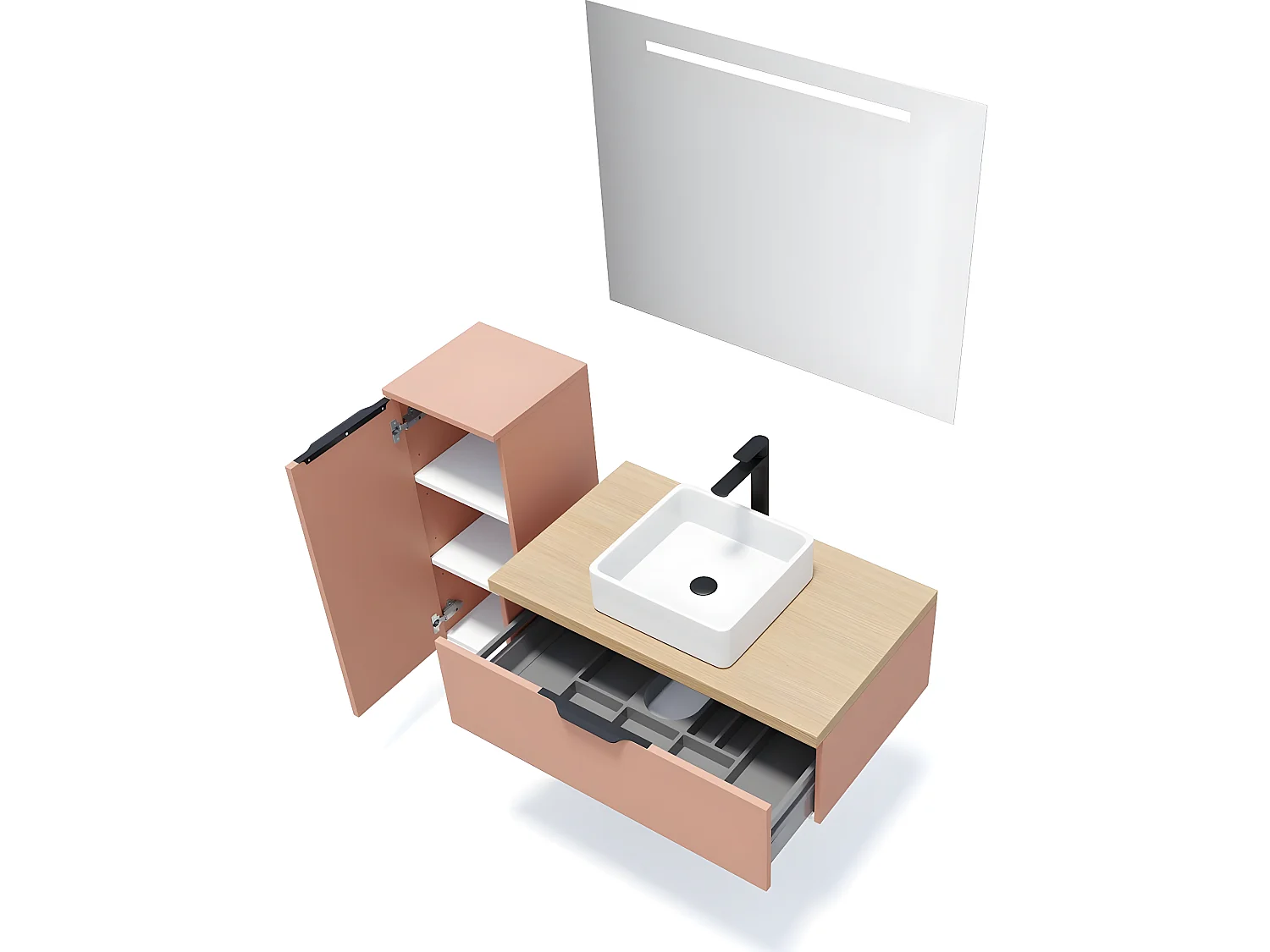 Meuble de salle de bain suspendu vasque à poser 90cm 1 tiroir Abricot + miroir + colonne ouverture gauche - Soho