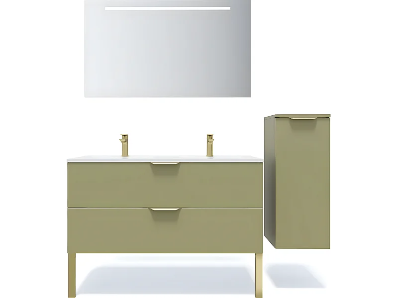 Meuble de salle de bain suspendu double vasque intégrée 120cm 2 tiroirs Vert olive + miroir + colonne ouverture droite - Venice