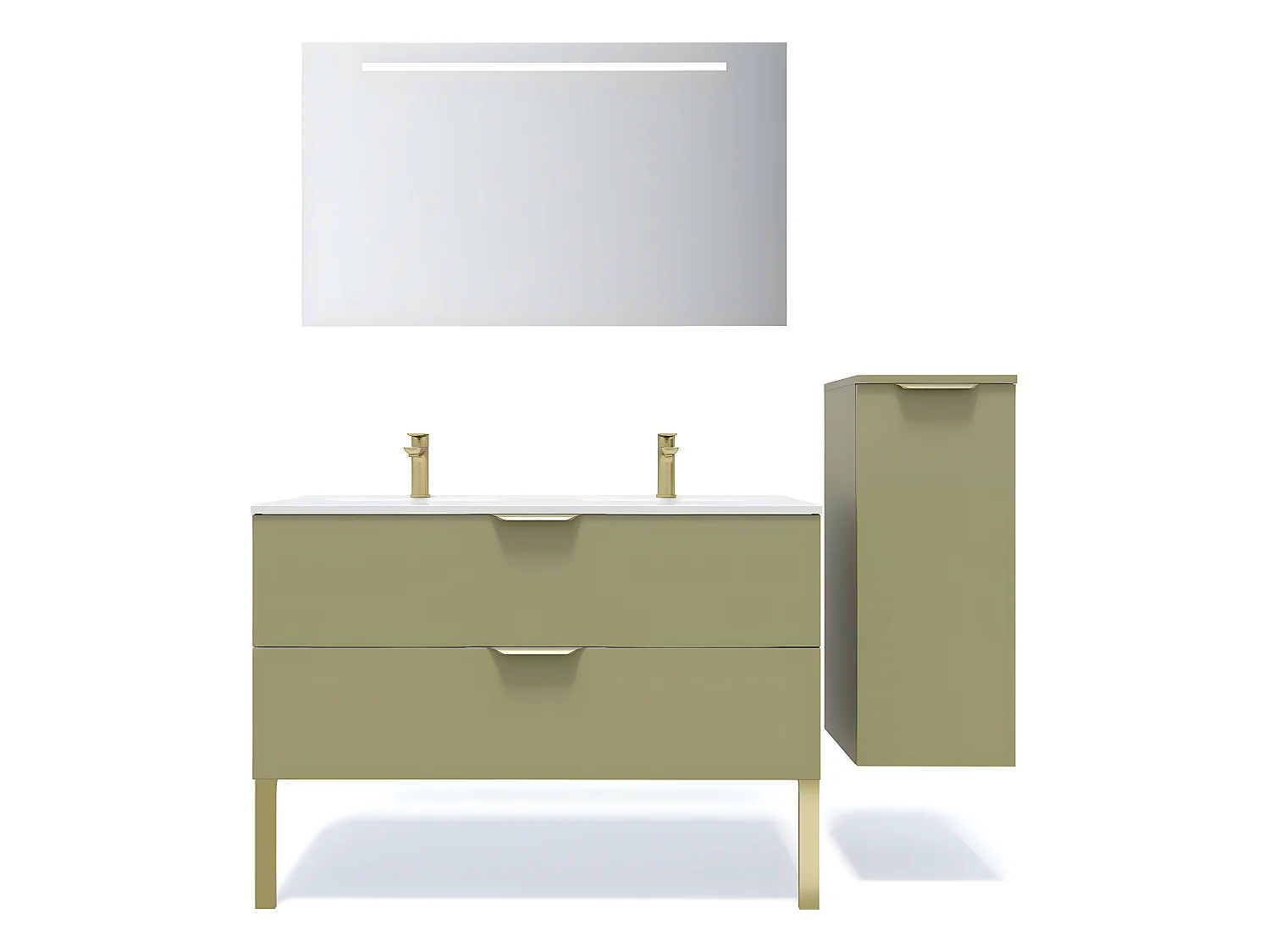 Meuble de salle de bain suspendu double vasque intégrée 120cm 2 tiroirs Vert olive + miroir + colonne ouverture droite - Venice