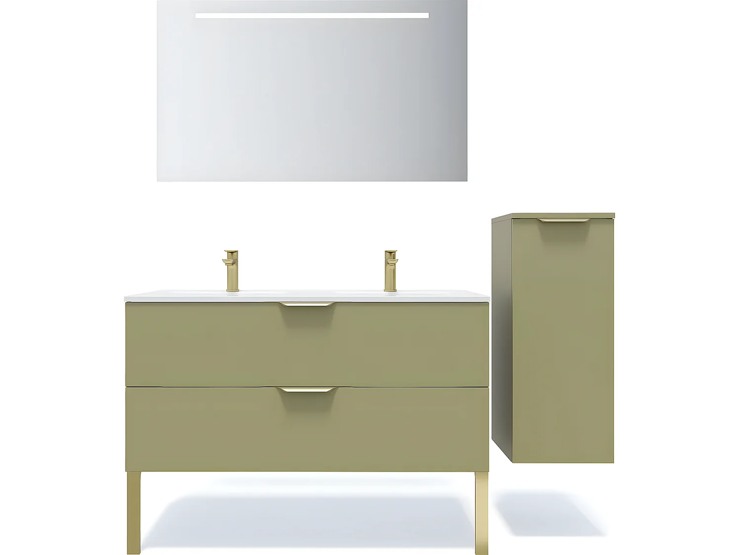 Meuble de salle de bain suspendu double vasque intégrée 120cm 2 tiroirs Vert olive + miroir + colonne ouverture droite - Venice