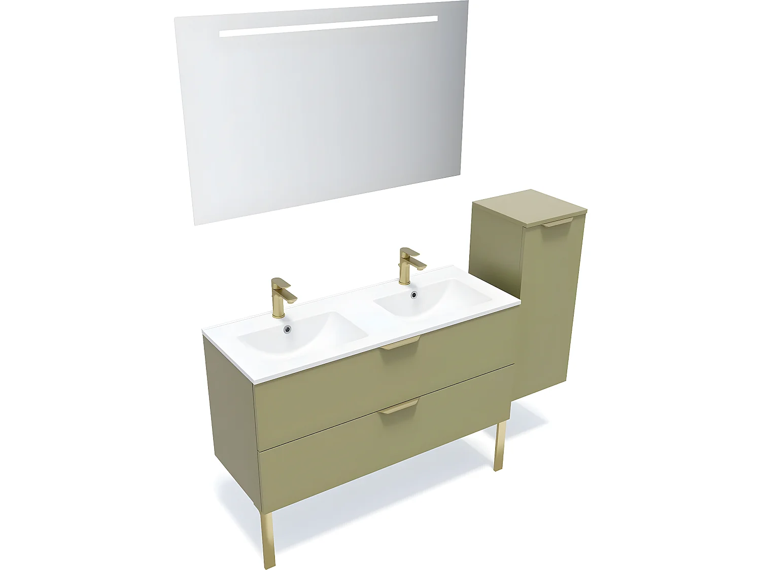 Meuble de salle de bain suspendu double vasque intégrée 120cm 2 tiroirs Vert olive + miroir + colonne ouverture droite - Venice
