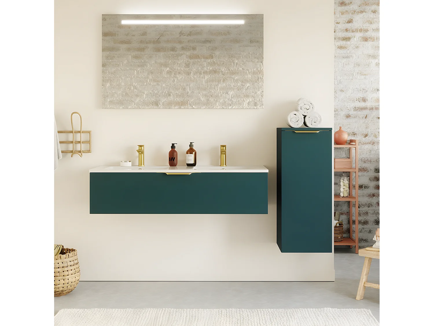 Meuble de salle de bain suspendu double vasque intégrée 120cm 1 tiroir Bleu + miroir + colonne ouverture droite - Venice