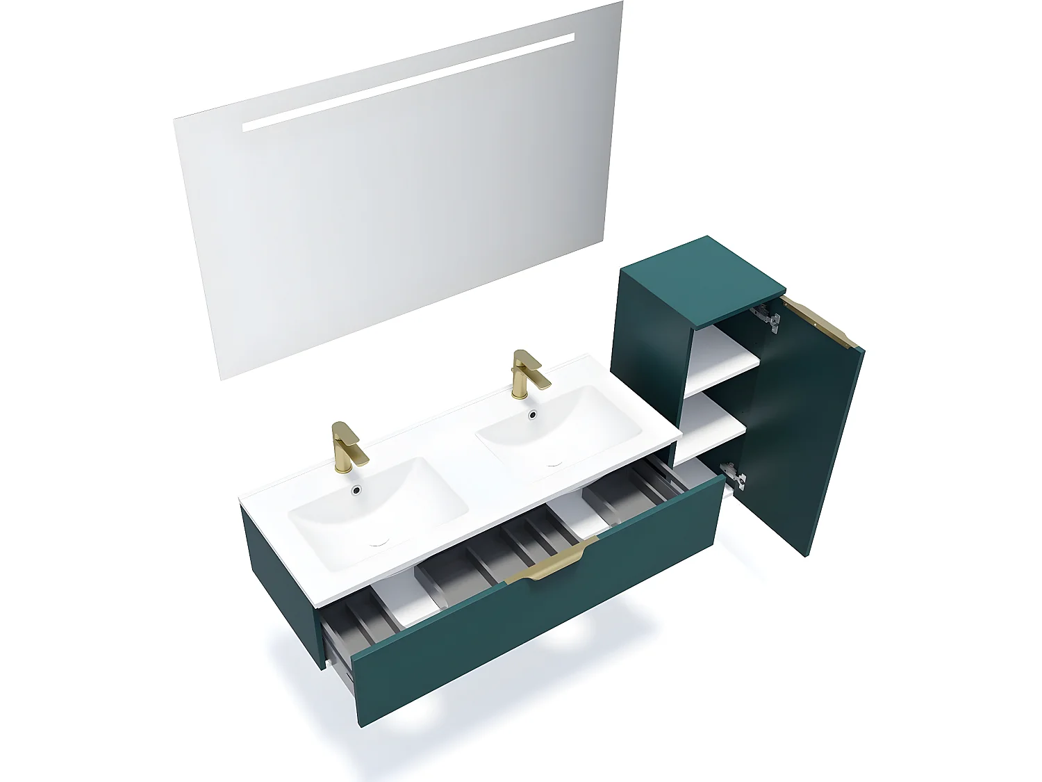 Meuble de salle de bain suspendu double vasque intégrée 120cm 1 tiroir Bleu + miroir + colonne ouverture droite - Venice