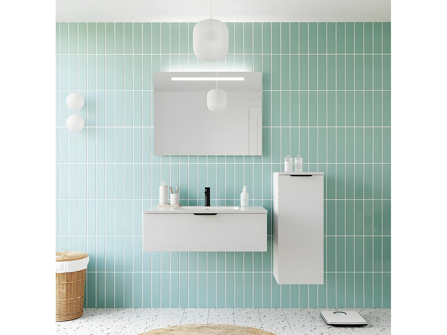 Meuble de salle de bain suspendu vasque intégrée 90cm 1 tiroir Blanc + miroir + colonne ouverture droite - Soho