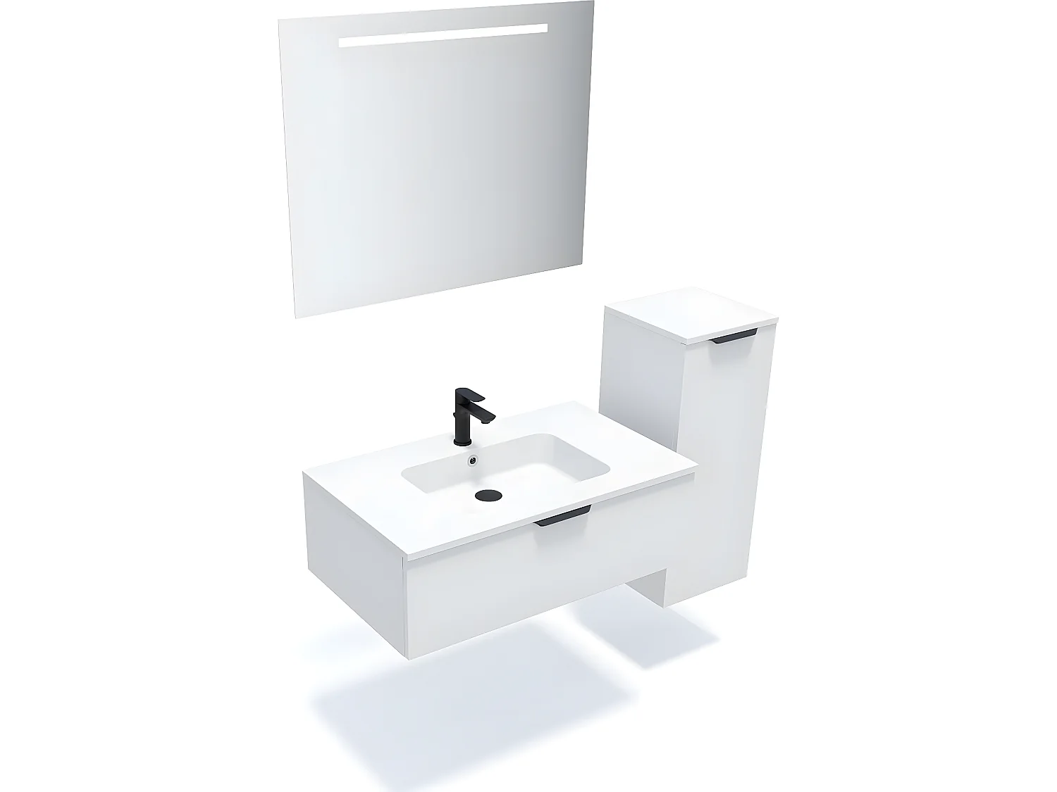 Meuble de salle de bain suspendu vasque intégrée 90cm 1 tiroir Blanc + miroir + colonne ouverture droite - Soho