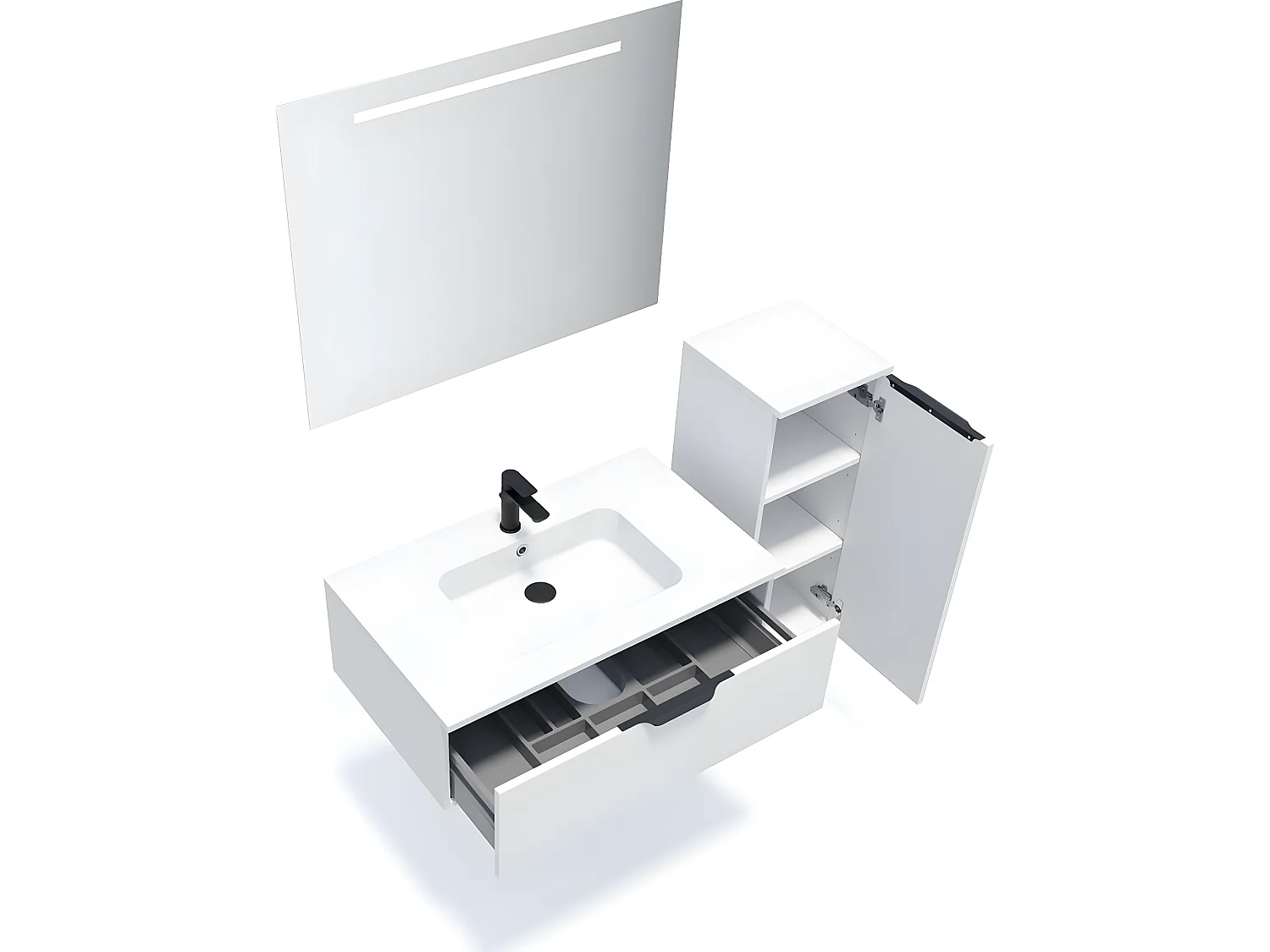Meuble de salle de bain suspendu vasque intégrée 90cm 1 tiroir Blanc + miroir + colonne ouverture droite - Soho