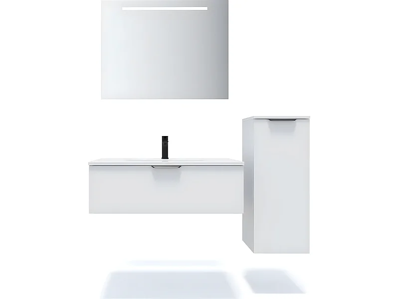 Meuble de salle de bain suspendu vasque intégrée 90cm 1 tiroir Blanc + miroir + colonne ouverture droite - Soho