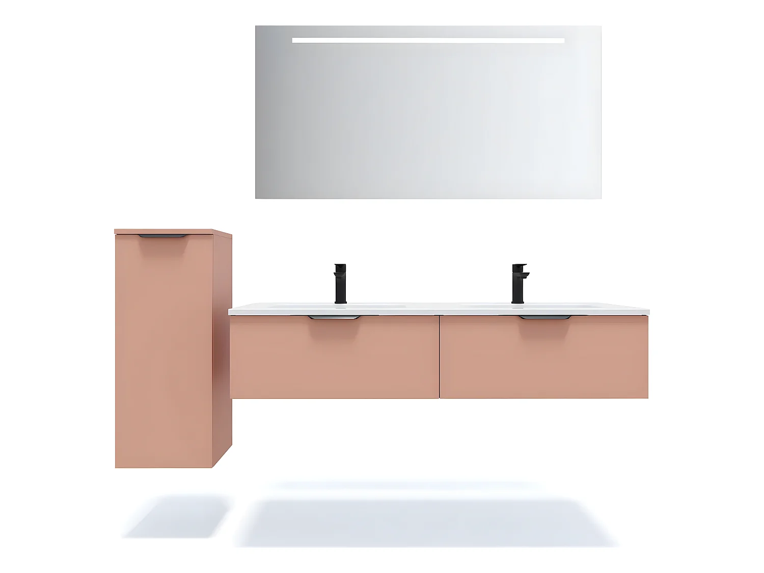 Meuble de salle de bain suspendu double vasque intégrée 140cm 2 tiroirs Abricot + miroir + colonne ouverture gauche - Soho