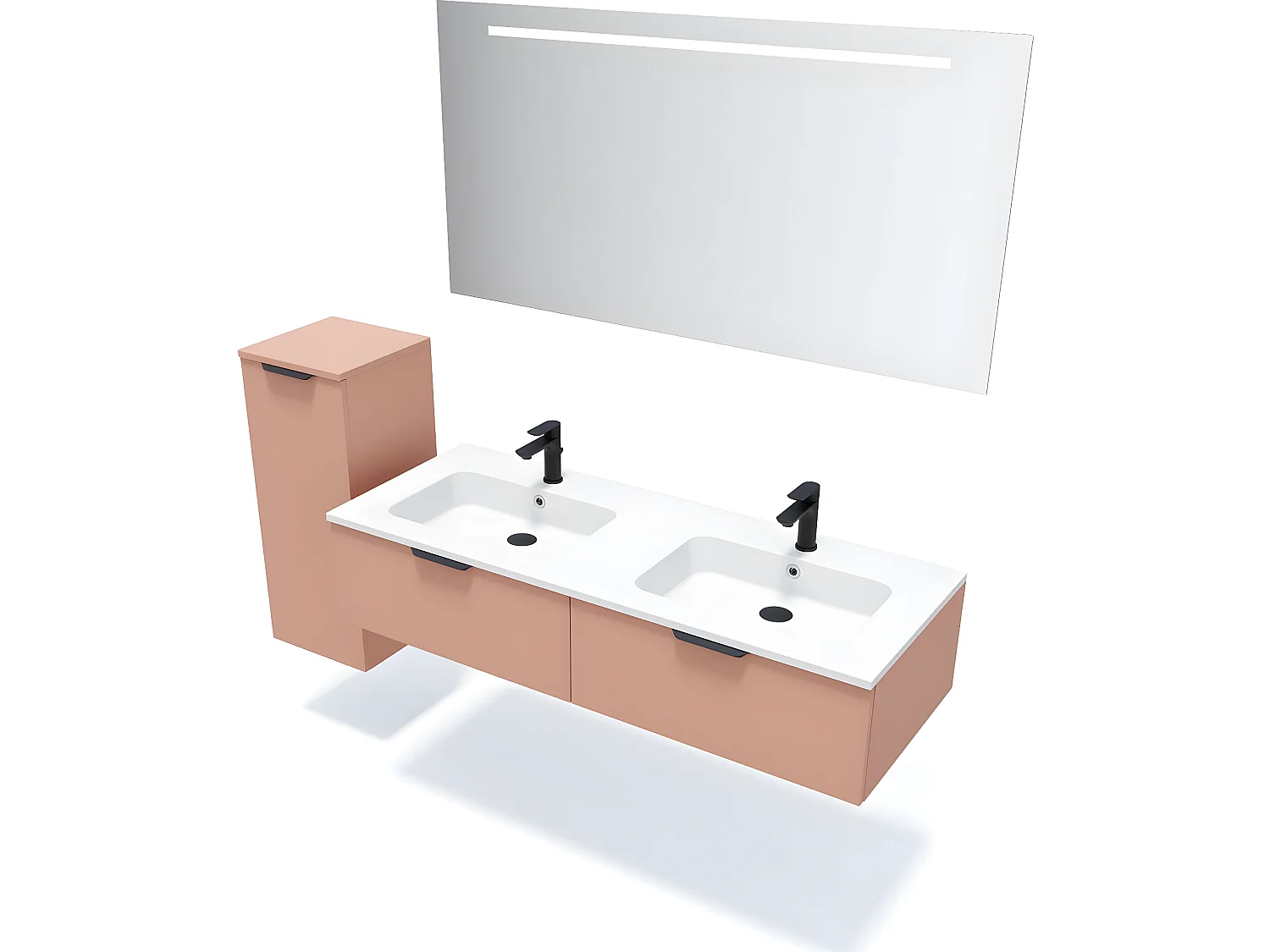Meuble de salle de bain suspendu double vasque intégrée 140cm 2 tiroirs Abricot + miroir + colonne ouverture gauche - Soho