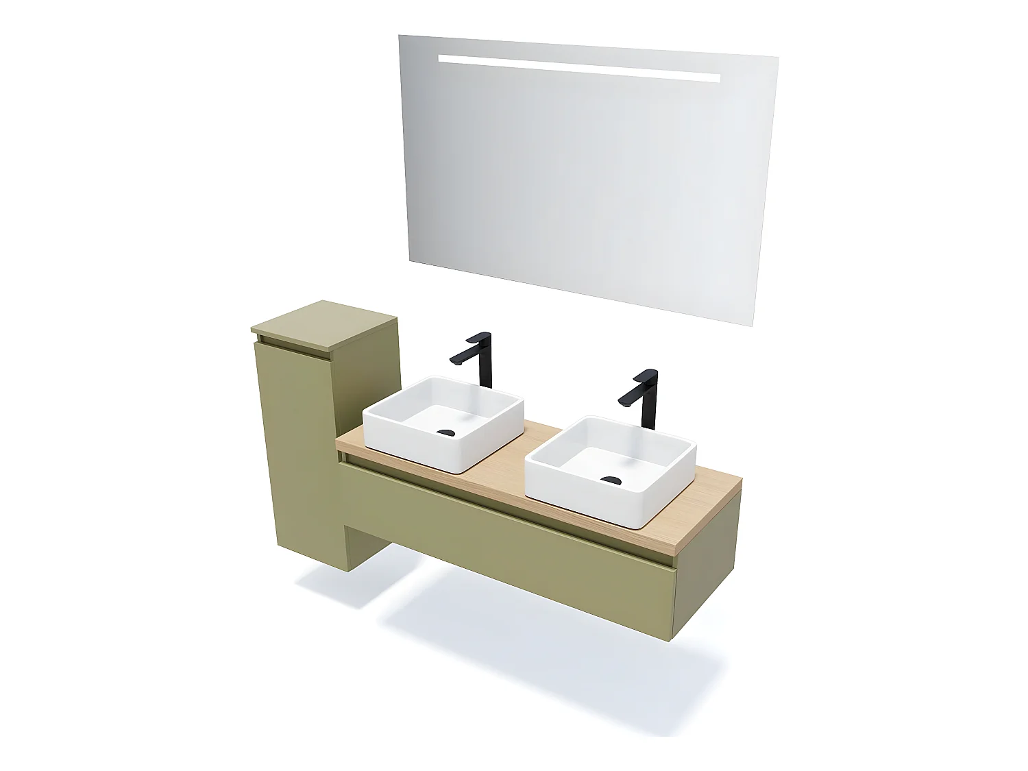Meuble de salle de bain suspendu 2 vasques à poser 120cm 1 tiroir Vert olive + miroir + colonne ouverture gauche - Hudson