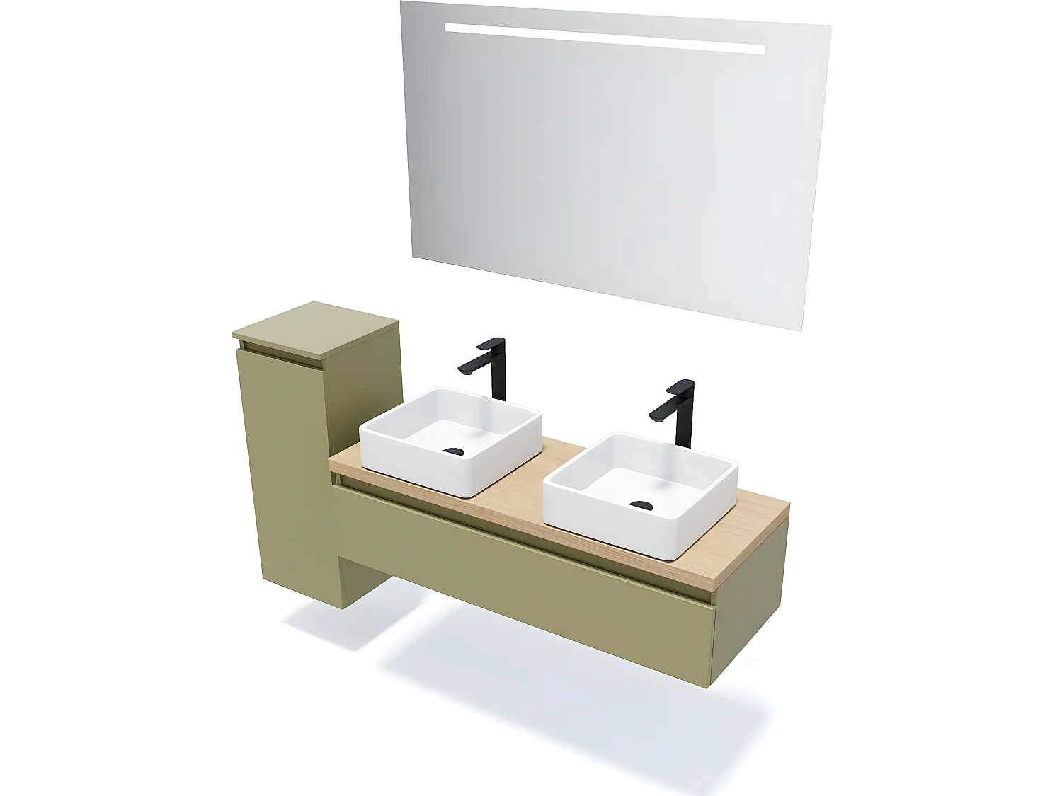 Meuble de salle de bain suspendu 2 vasques à poser 120cm 1 tiroir Vert olive + miroir + colonne ouverture gauche - Hudson