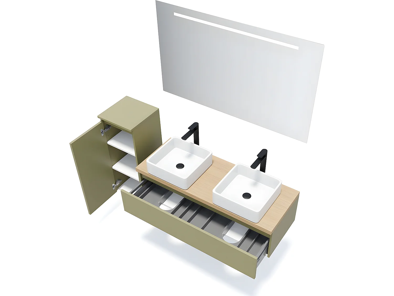 Meuble de salle de bain suspendu 2 vasques à poser 120cm 1 tiroir Vert olive + miroir + colonne ouverture gauche - Hudson