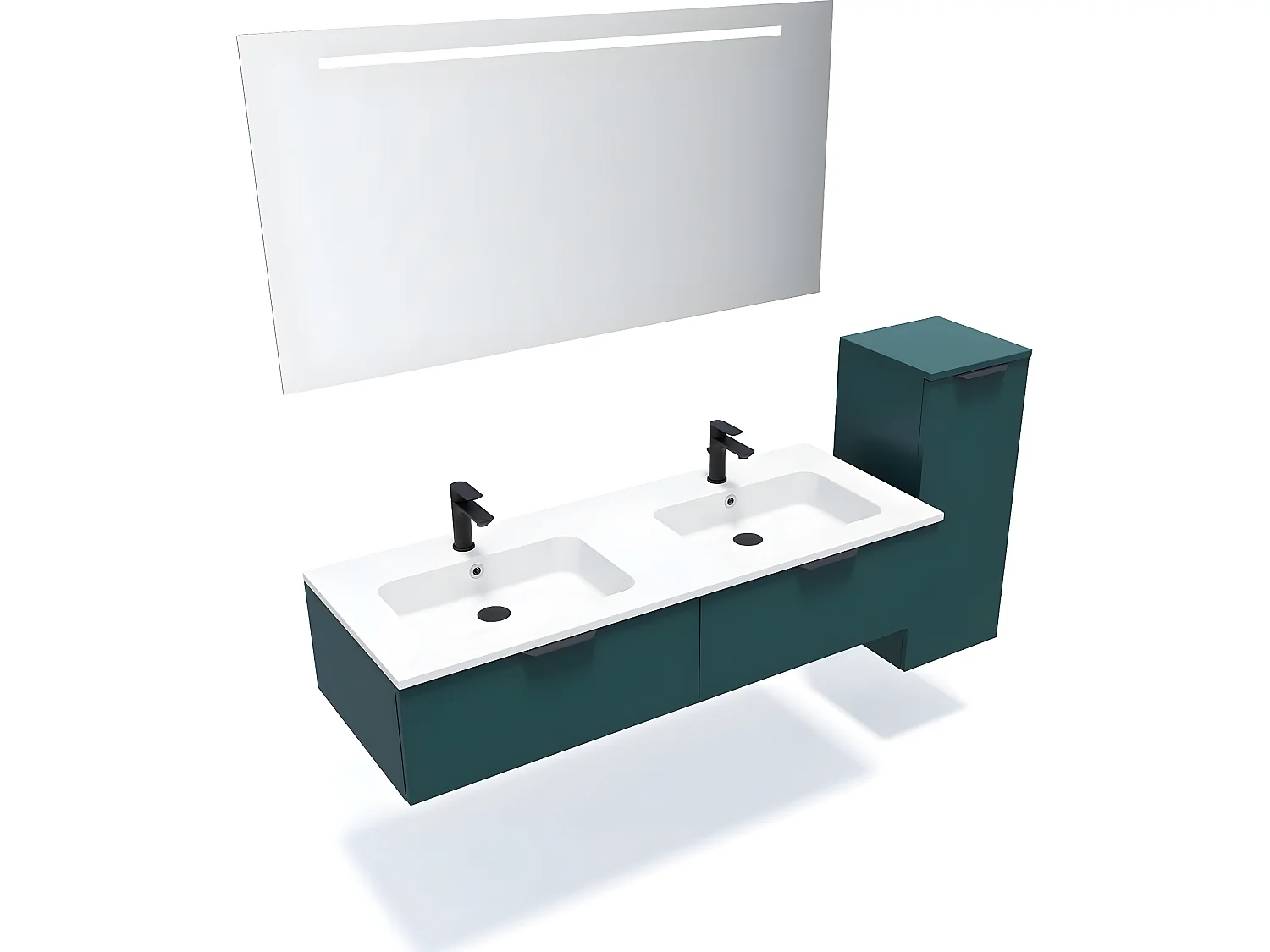 Meuble de salle de bain suspendu double vasque intégrée 140cm 2 tiroirs Bleu + miroir + colonne ouverture droite - Soho