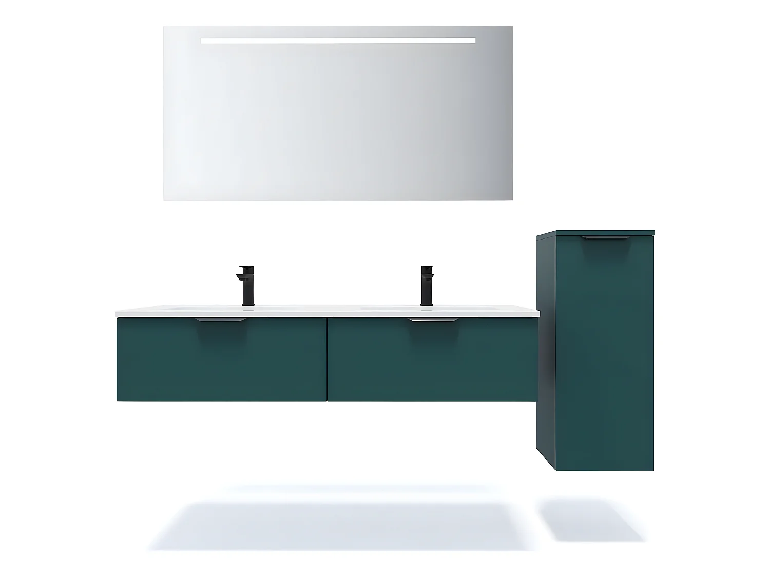Meuble de salle de bain suspendu double vasque intégrée 140cm 2 tiroirs Bleu + miroir + colonne ouverture droite - Soho
