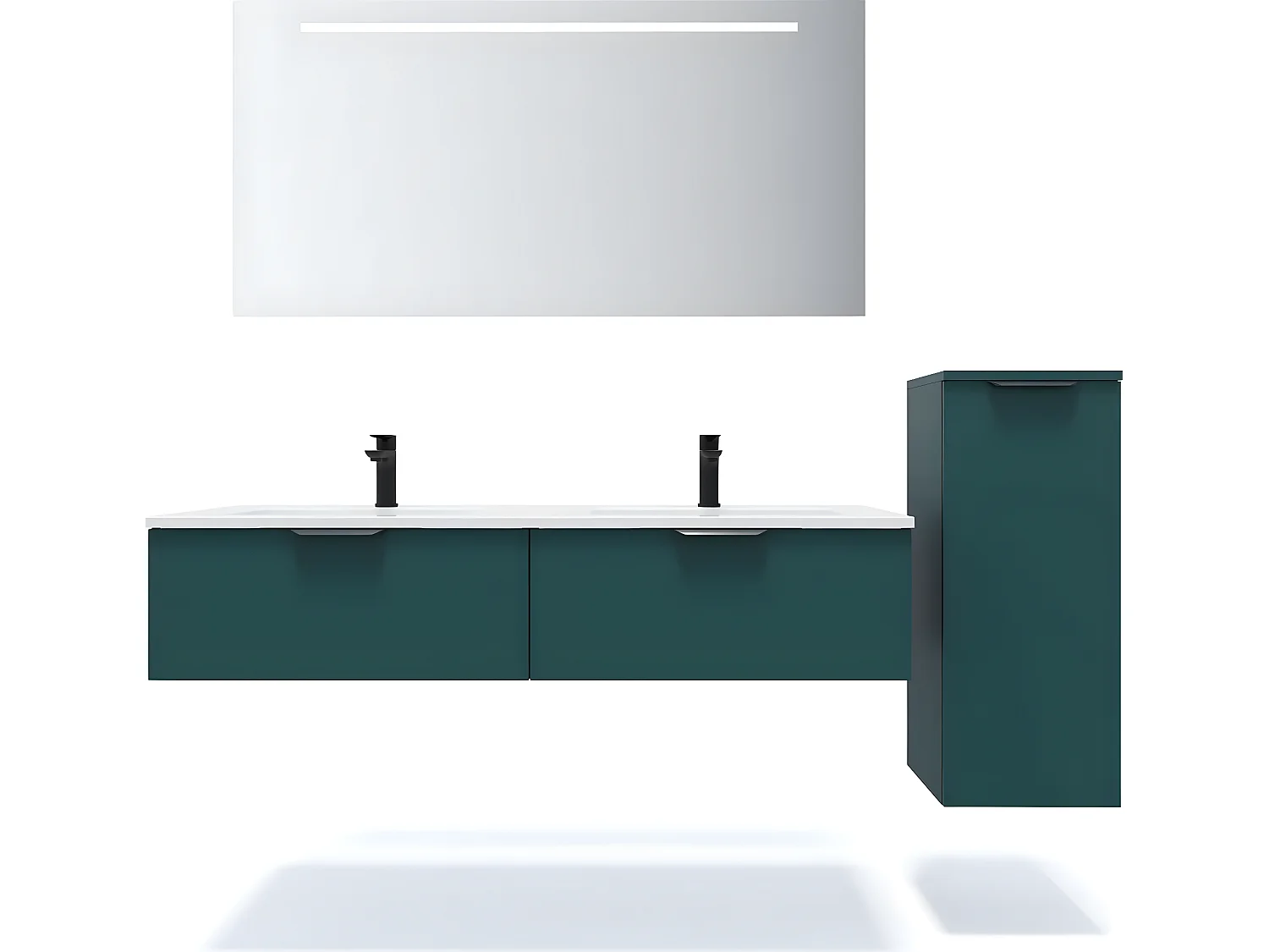 Meuble de salle de bain suspendu double vasque intégrée 140cm 2 tiroirs Bleu + miroir + colonne ouverture droite - Soho