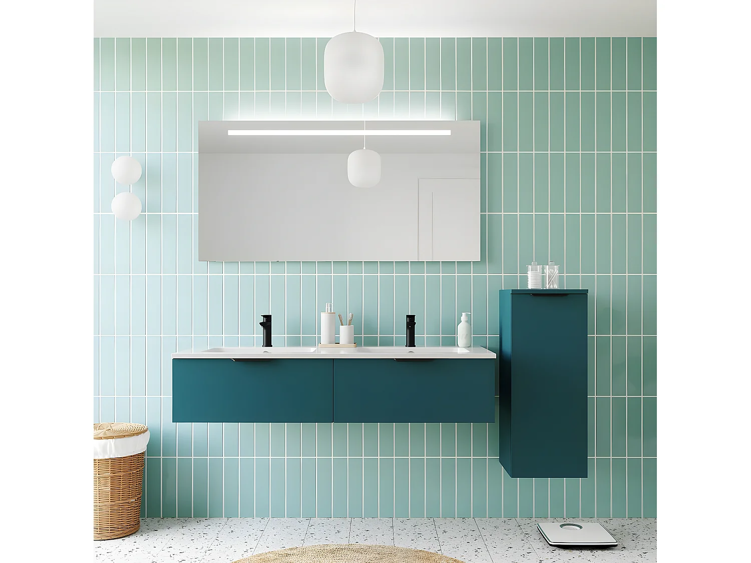 Meuble de salle de bain suspendu double vasque intégrée 140cm 2 tiroirs Bleu + miroir + colonne ouverture droite - Soho