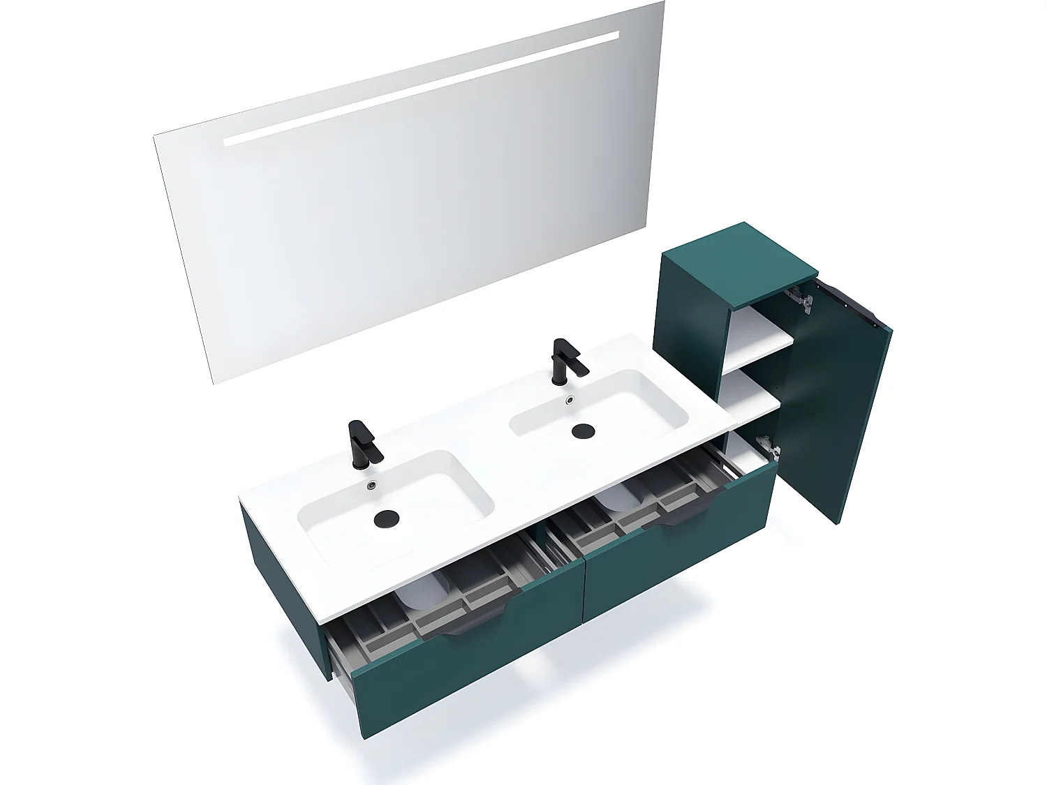 Meuble de salle de bain suspendu double vasque intégrée 140cm 2 tiroirs Bleu + miroir + colonne ouverture droite - Soho