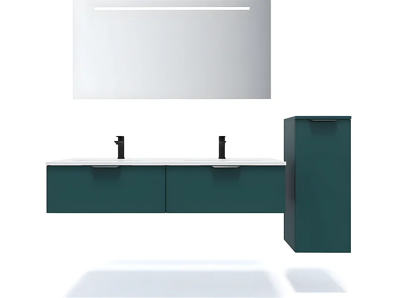 Meuble de salle de bain suspendu double vasque intégrée 140cm 2 tiroirs Bleu + miroir + colonne ouverture droite - Soho