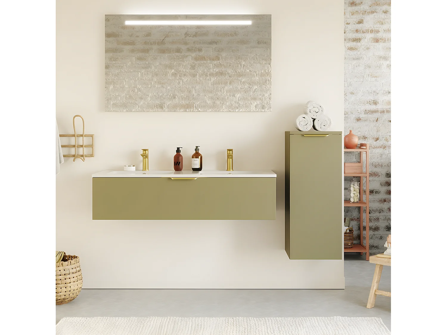 Meuble de salle de bain suspendu double vasque intégrée 120cm 1 tiroir Vert olive + miroir + colonne ouverture droite - Venice