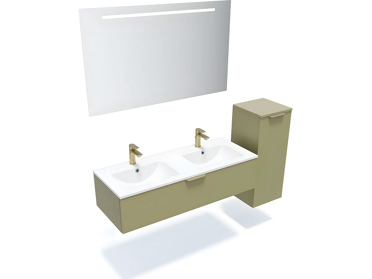 Meuble de salle de bain suspendu double vasque intégrée 120cm 1 tiroir Vert olive + miroir + colonne ouverture droite - Venice