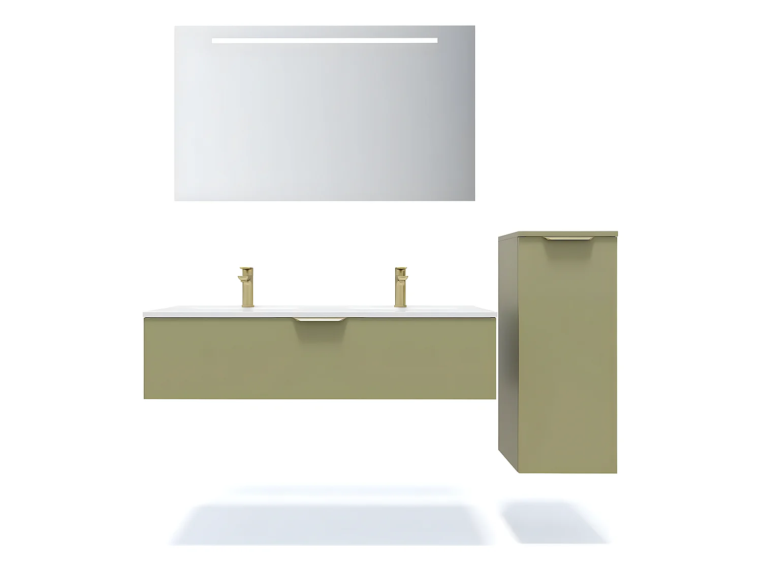 Meuble de salle de bain suspendu double vasque intégrée 120cm 1 tiroir Vert olive + miroir + colonne ouverture droite - Venice