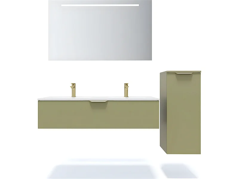 Meuble de salle de bain suspendu double vasque intégrée 120cm 1 tiroir Vert olive + miroir + colonne ouverture droite - Venice