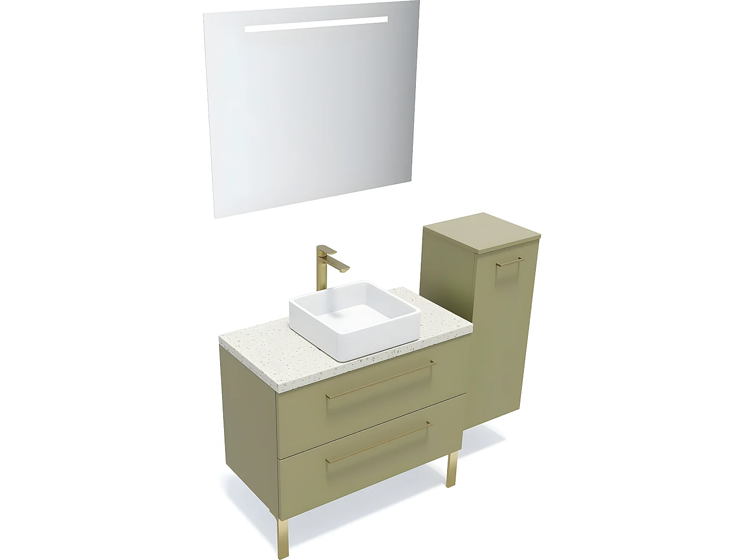 Meuble de salle de bain suspendu vasque à poser 90cm 2 tiroirs Vert olive + miroir + colonne ouverture droite - Glasgow