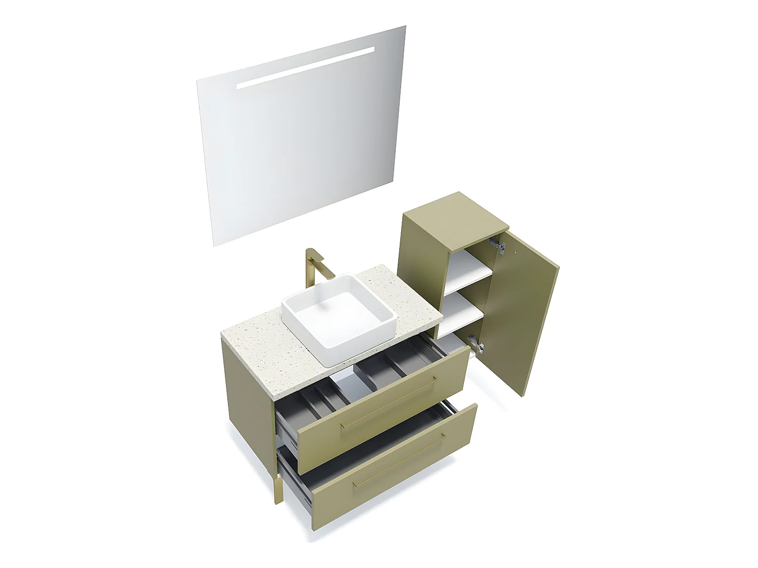 Meuble de salle de bain suspendu vasque à poser 90cm 2 tiroirs Vert olive + miroir + colonne ouverture droite - Glasgow