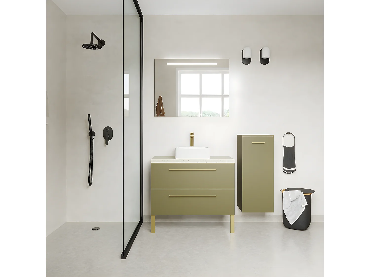 Meuble de salle de bain suspendu vasque à poser 90cm 2 tiroirs Vert olive + miroir + colonne ouverture droite - Glasgow
