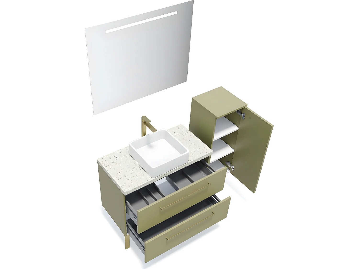 Meuble de salle de bain suspendu vasque à poser 90cm 2 tiroirs Vert olive + miroir + colonne ouverture droite - Glasgow