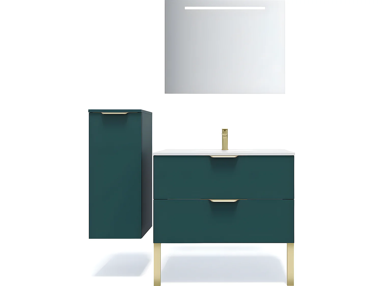 Meuble de salle de bain suspendu vasque intégrée 90cm 2 tiroirs Bleu + miroir + colonne ouverture gauche - Venice