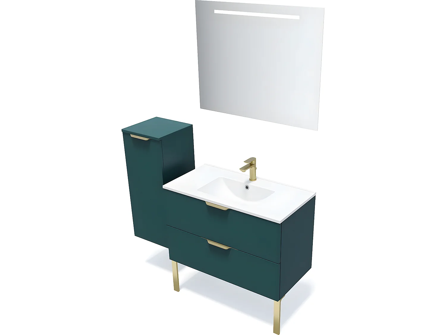 Meuble de salle de bain suspendu vasque intégrée 90cm 2 tiroirs Bleu + miroir + colonne ouverture gauche - Venice
