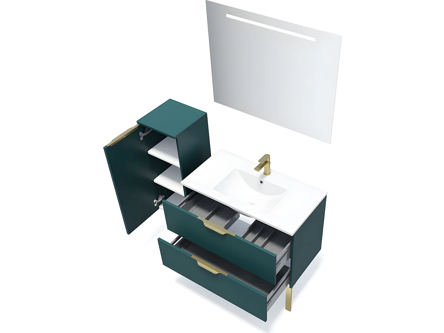 Meuble de salle de bain suspendu vasque intégrée 90cm 2 tiroirs Bleu + miroir + colonne ouverture gauche - Venice