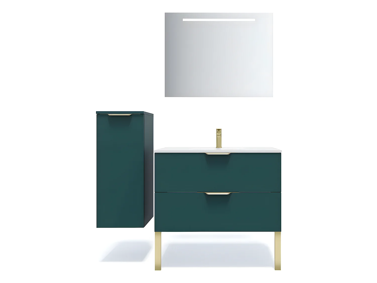 Meuble de salle de bain suspendu vasque intégrée 90cm 2 tiroirs Bleu + miroir + colonne ouverture gauche - Venice