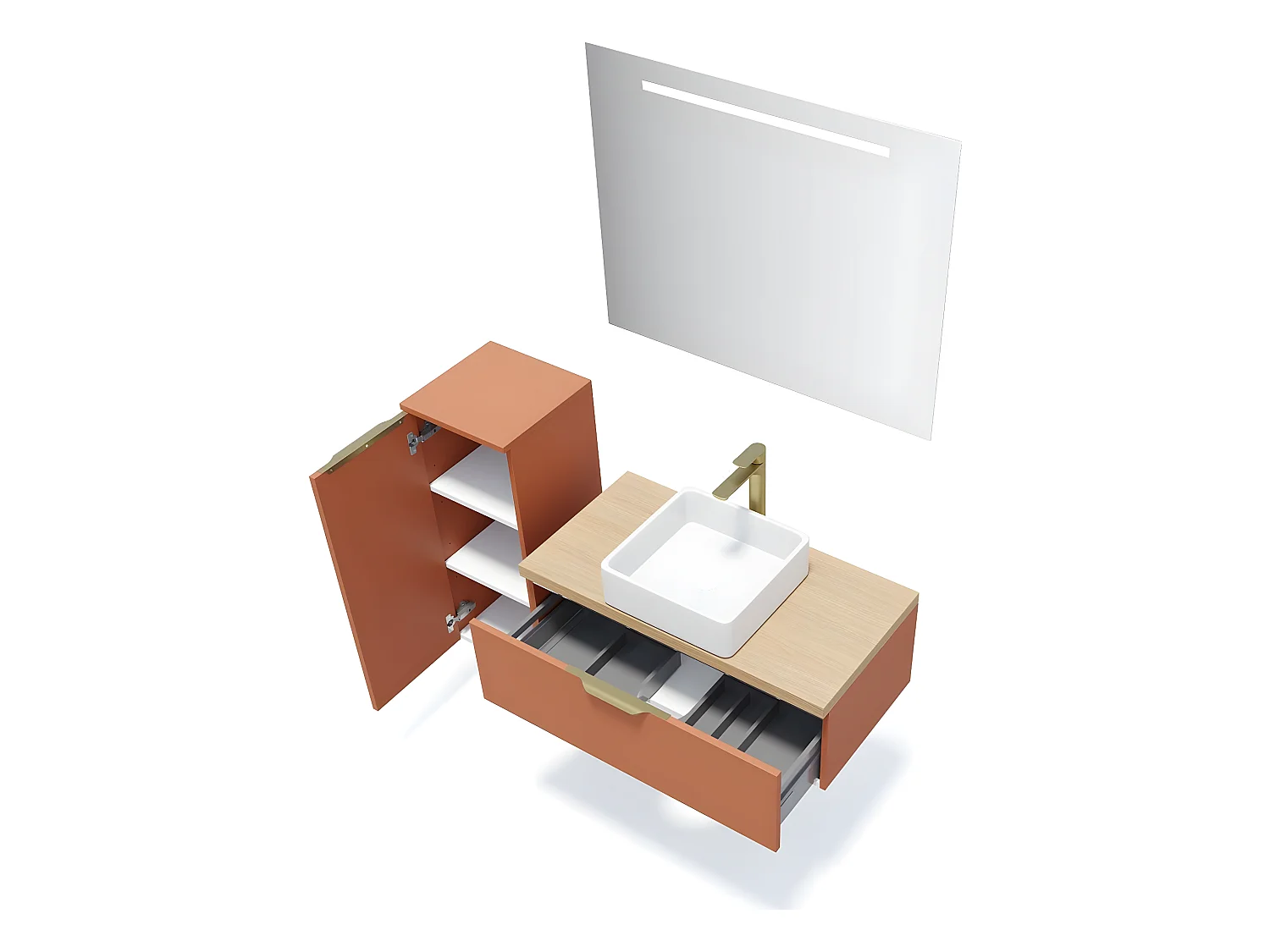 Meuble de salle de bain suspendu vasque à poser 90cm 1 tiroir Terracotta + miroir + colonne ouverture gauche - Venice