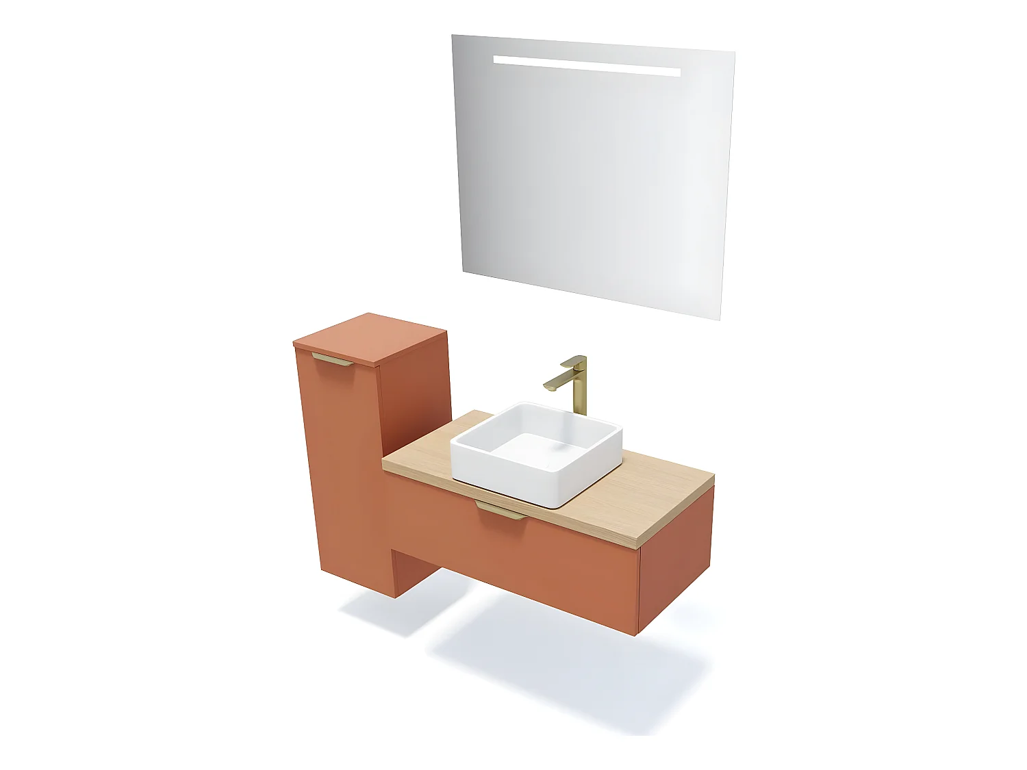 Meuble de salle de bain suspendu vasque à poser 90cm 1 tiroir Terracotta + miroir + colonne ouverture gauche - Venice